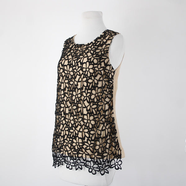 Neiman Marcus Lela Rose Sz S Tan Black Floral Overlay Sleeveless Cotton Silk Top