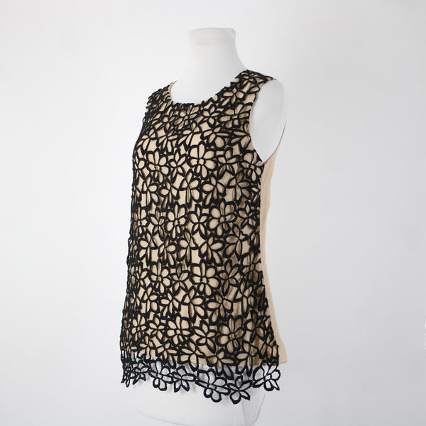 Neiman Marcus Lela Rose Sz S Tan Black Floral Overlay Sleeveless Cotton Silk Top
