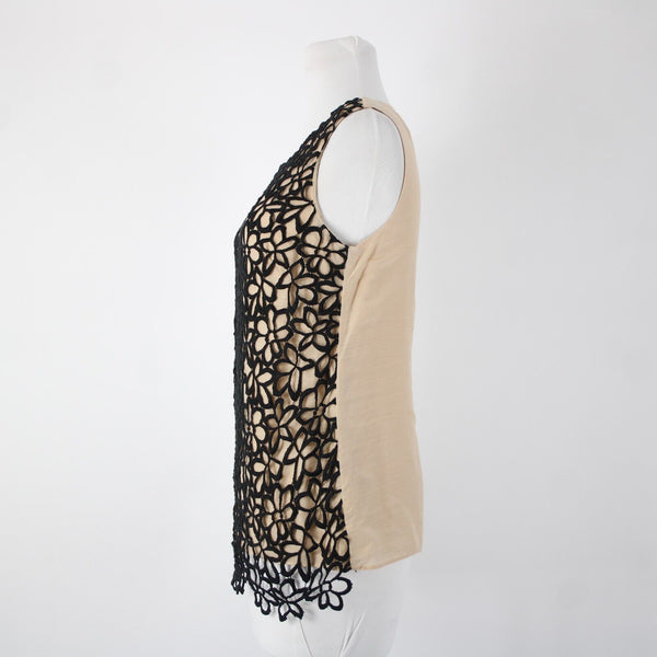 Neiman Marcus Lela Rose Sz S Tan Black Floral Overlay Sleeveless Cotton Silk Top