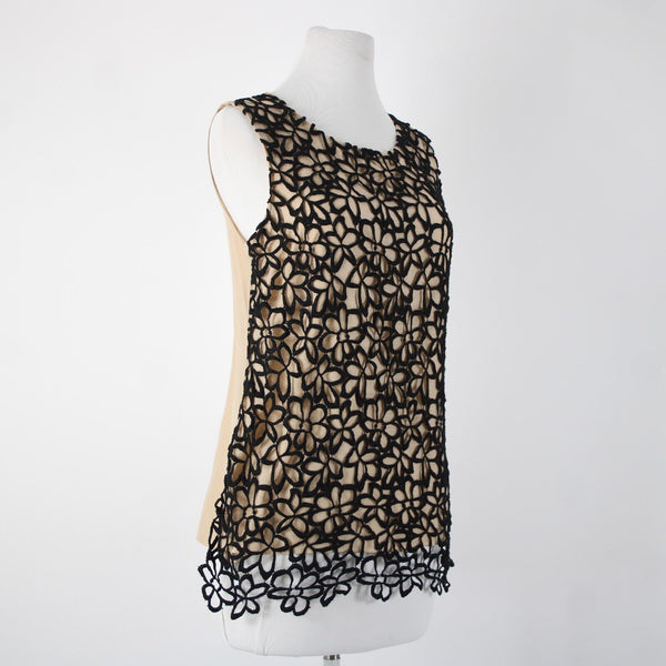 Neiman Marcus Lela Rose Sz S Tan Black Floral Overlay Sleeveless Cotton Silk Top
