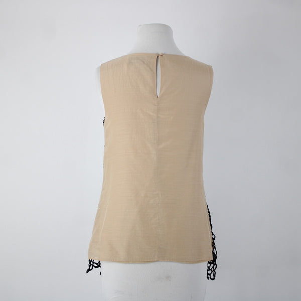 Neiman Marcus Lela Rose Sz S Tan Black Floral Overlay Sleeveless Cotton Silk Top