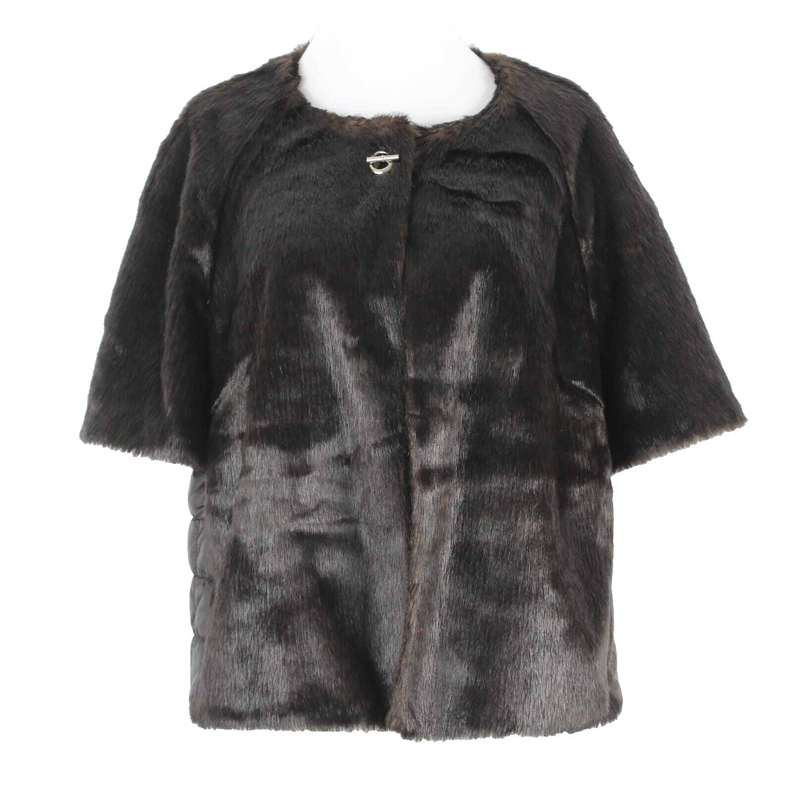 Chicos Sz 2 Brown Fur Faux Quilted Back Lined 1 Toggle Button Jacket