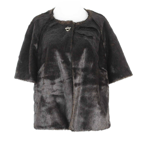 Chicos Sz 2 Brown Fur Faux Quilted Back Lined 1 Toggle Button Jacket