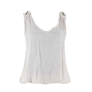Sugar Rain Sz M Beige Back Crochet Elastic Hem Rayon Poly Cotton Top