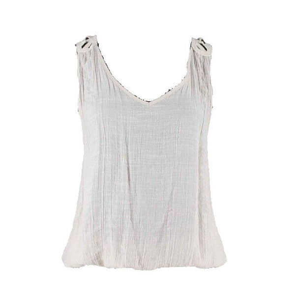 Sugar Rain Sz M Beige Back Crochet Elastic Hem Rayon Poly Cotton Top