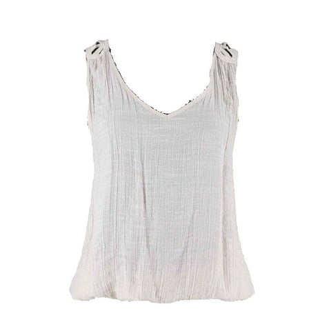 Sugar Rain Sz M Beige Back Crochet Elastic Hem Rayon Poly Cotton Top