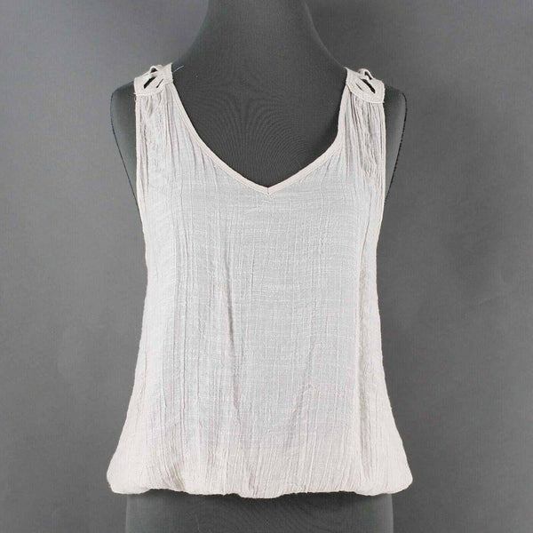 Sugar Rain Sz M Beige Back Crochet Elastic Hem Rayon Poly Cotton Top