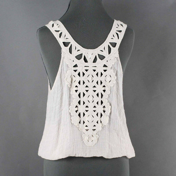 Sugar Rain Sz M Beige Back Crochet Elastic Hem Rayon Poly Cotton Top