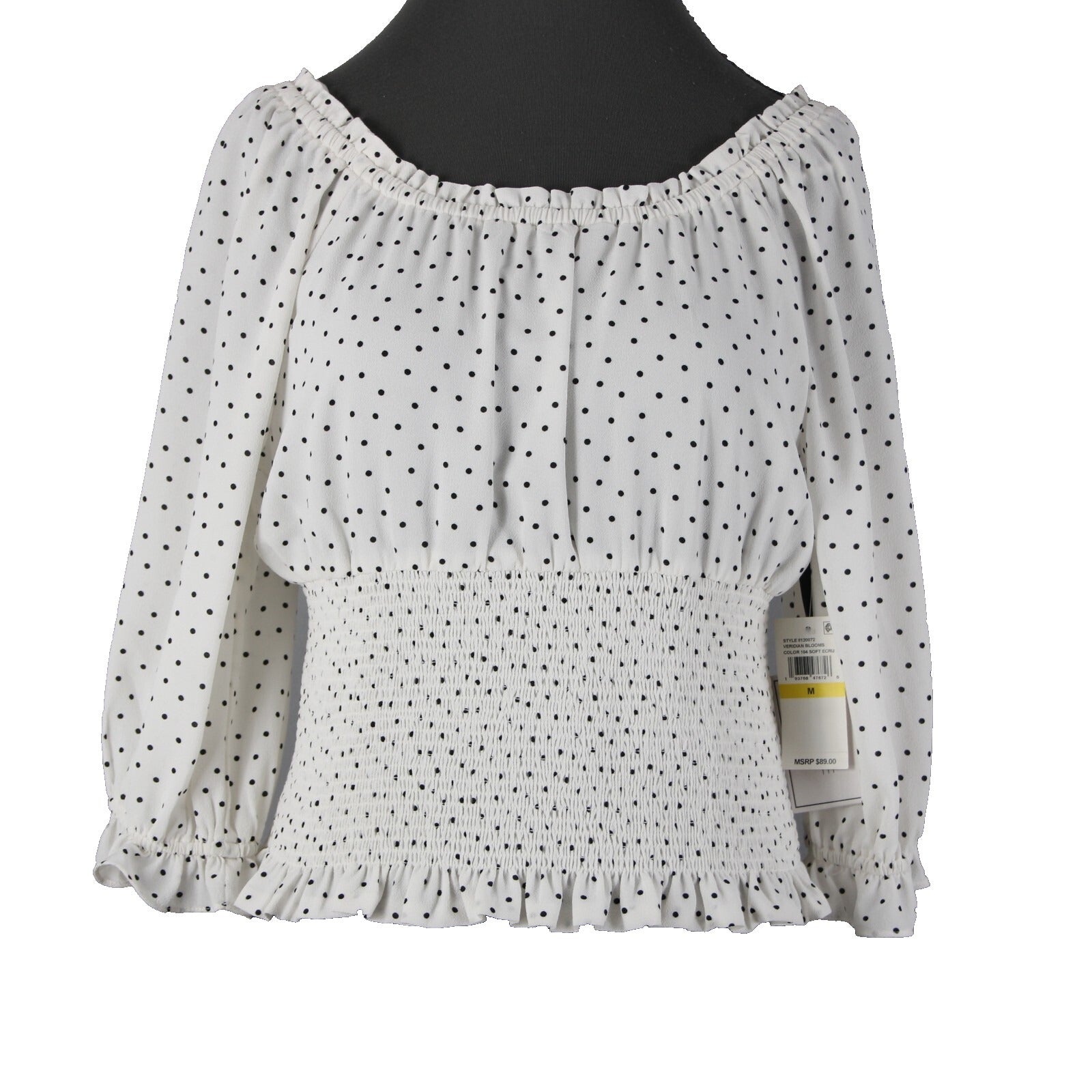 1. State NEW $89 Veridian Blooms Sz M White Black Polka Dots 100% Polyester Top