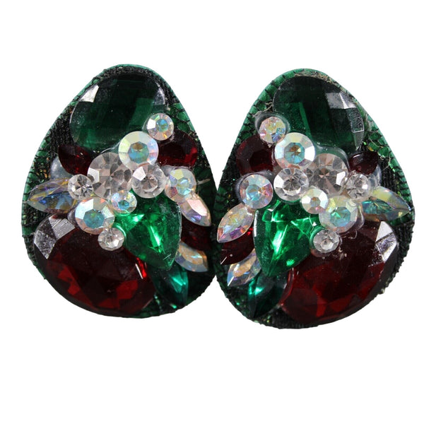 KSD VTG Green Red Black AB Rhinestones Rectangular 2" Clip On Earrings