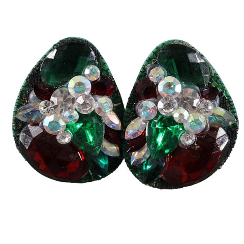 KSD VTG Green Red Black AB Rhinestones Rectangular 2" Clip On Earrings