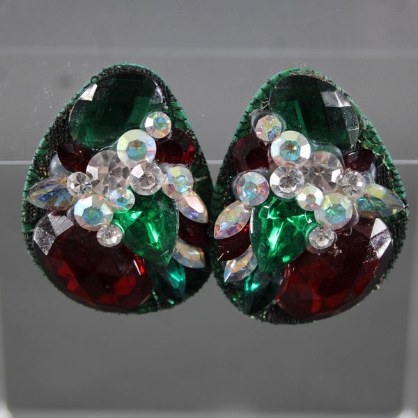 KSD VTG Green Red Black AB Rhinestones Rectangular 2" Clip On Earrings