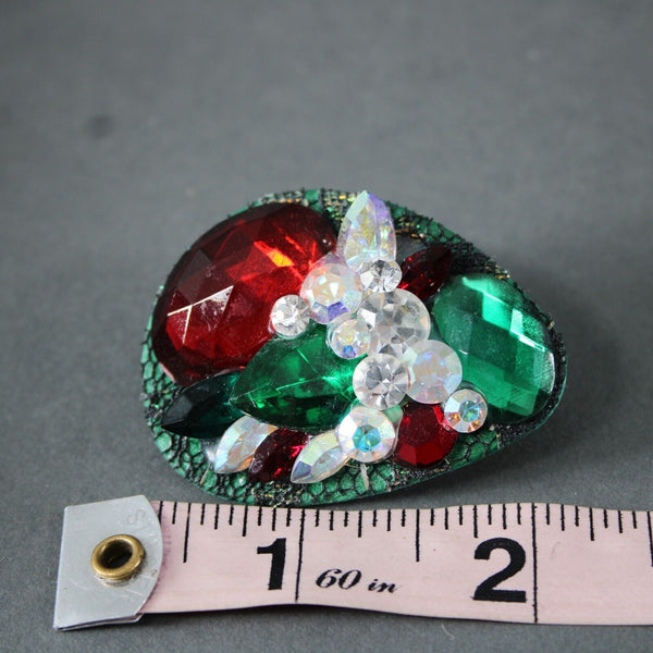 KSD VTG Green Red Black AB Rhinestones Rectangular 2" Clip On Earrings