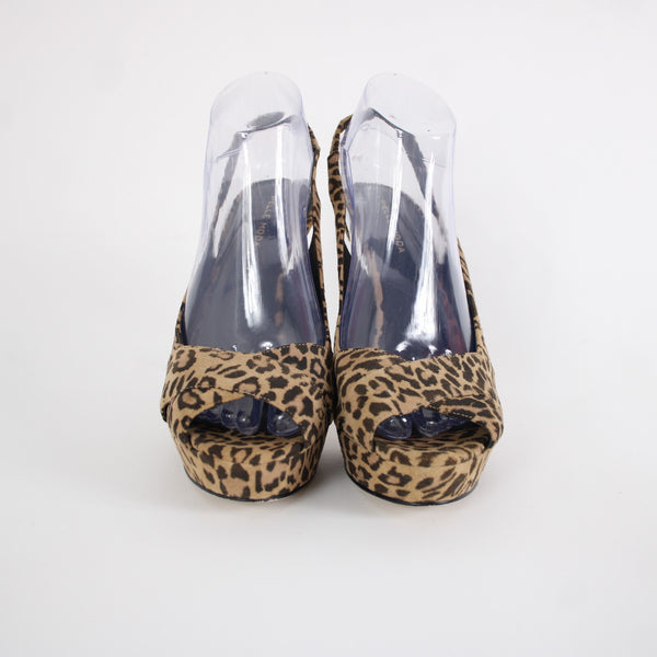 Pelle Moda Sz 9 M Brown Black Animal Open Toe Fabric Upper 4.75" Platform Heels