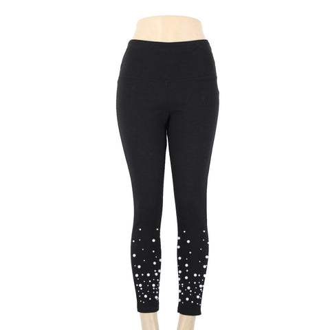 Athena Marie Sz L x 27 Black Faux Pearls Elastic Waist Rayon Nylon Pant
