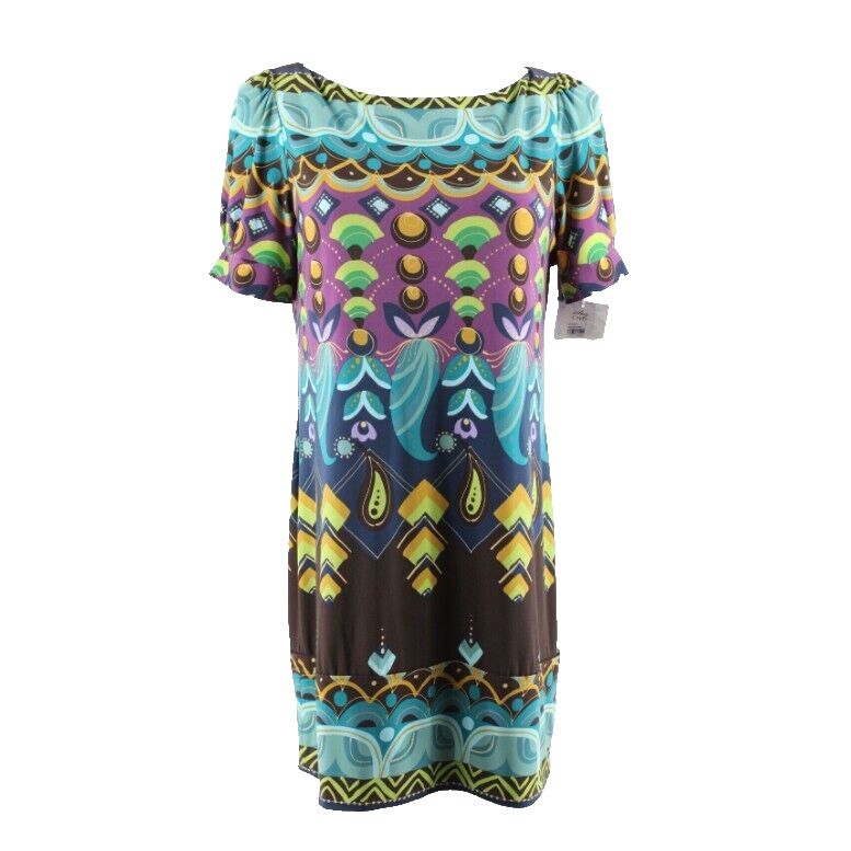 Suzi Chin NEW $158 Sz 14 Blue Teal Multi Boat Neck Poly Blend Sheath Dress