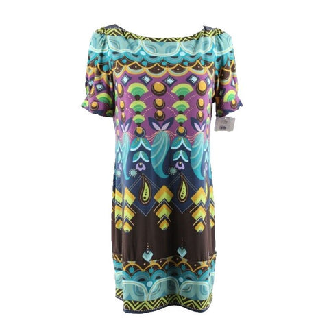 Suzi Chin NEW $158 Sz 14 Blue Teal Multi Boat Neck Poly Blend Sheath Dress