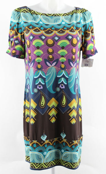 Suzi Chin NEW $158 Sz 14 Blue Teal Multi Boat Neck Poly Blend Sheath Dress
