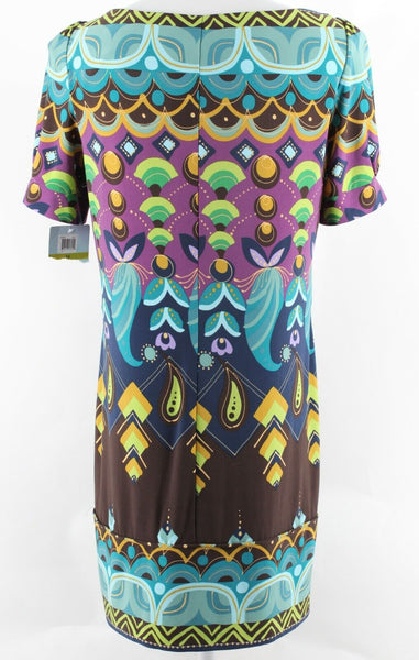 Suzi Chin NEW $158 Sz 14 Blue Teal Multi Boat Neck Poly Blend Sheath Dress