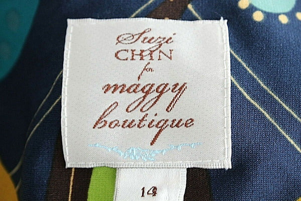 Suzi Chin NEW $158 Sz 14 Blue Teal Multi Boat Neck Poly Blend Sheath Dress