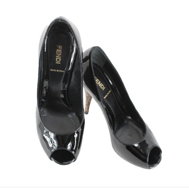 Fendi $550 Spuntata Vernice 38.5 Black Patent Leather Logo Platform 5" Heel