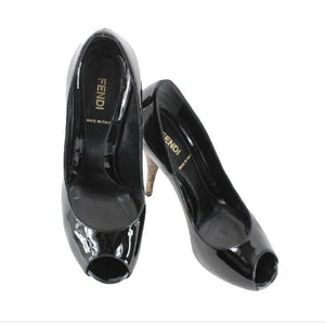 Fendi $550 Spuntata Vernice 38.5 Black Patent Leather Logo Platform 5" Heel