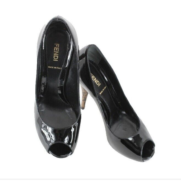 Fendi $550 Spuntata Vernice 38.5 Black Patent Leather Logo Platform 5" Heel