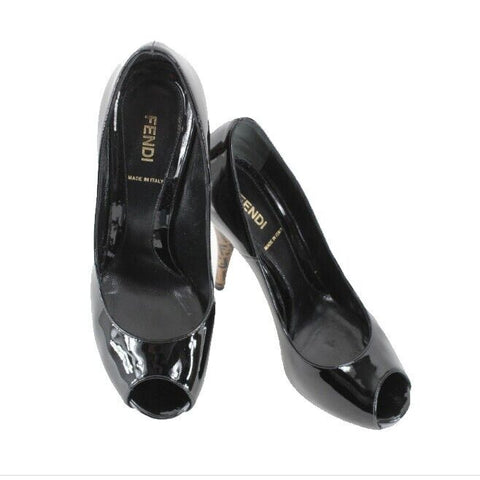 Fendi $550 Spuntata Vernice 38.5 Black Patent Leather Logo Platform 5" Heel