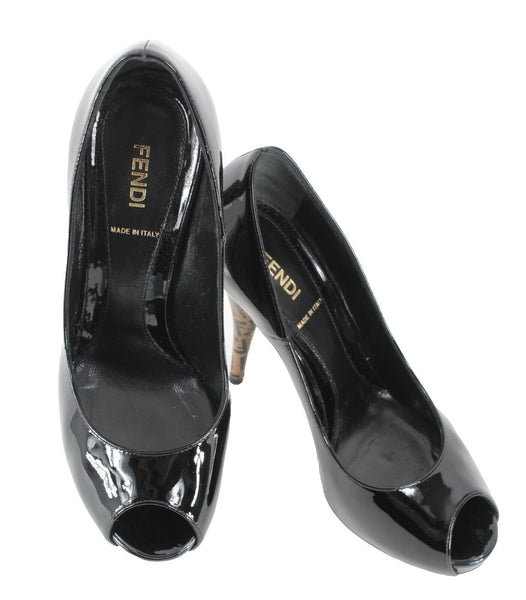 Fendi $550 Spuntata Vernice 38.5 Black Patent Leather Logo Platform 5" Heel
