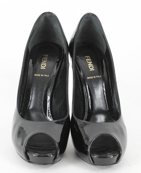 Fendi $550 Spuntata Vernice 38.5 Black Patent Leather Logo Platform 5" Heel