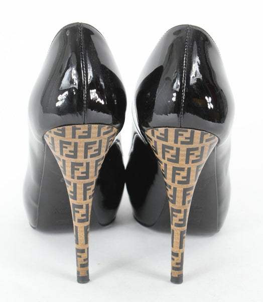 Fendi $550 Spuntata Vernice 38.5 Black Patent Leather Logo Platform 5" Heel