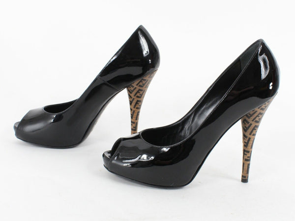 Fendi $550 Spuntata Vernice 38.5 Black Patent Leather Logo Platform 5" Heel