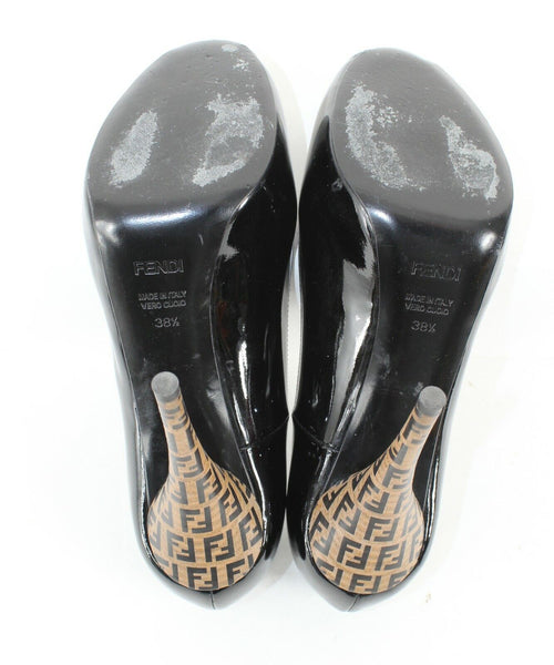 Fendi $550 Spuntata Vernice 38.5 Black Patent Leather Logo Platform 5" Heel