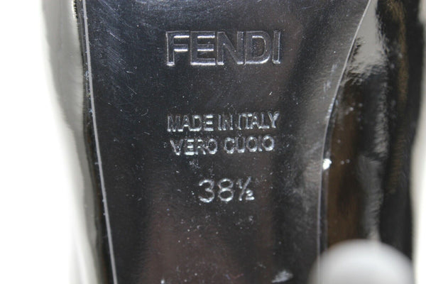 Fendi $550 Spuntata Vernice 38.5 Black Patent Leather Logo Platform 5" Heel