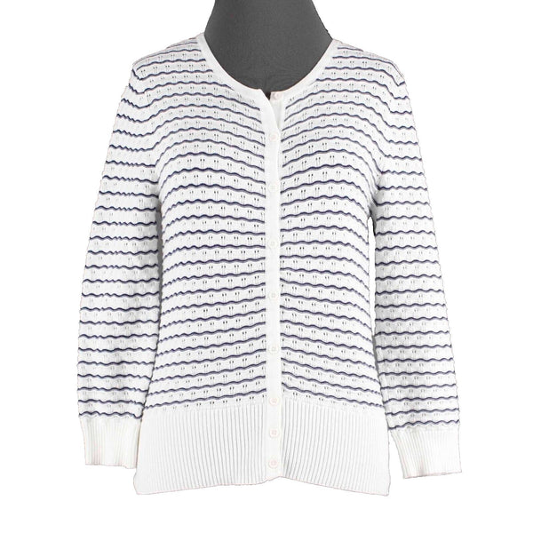 Cable Gauge Sz M Ivory Navy Blue Textured Button Up Cotton Blend Knit Cardigan