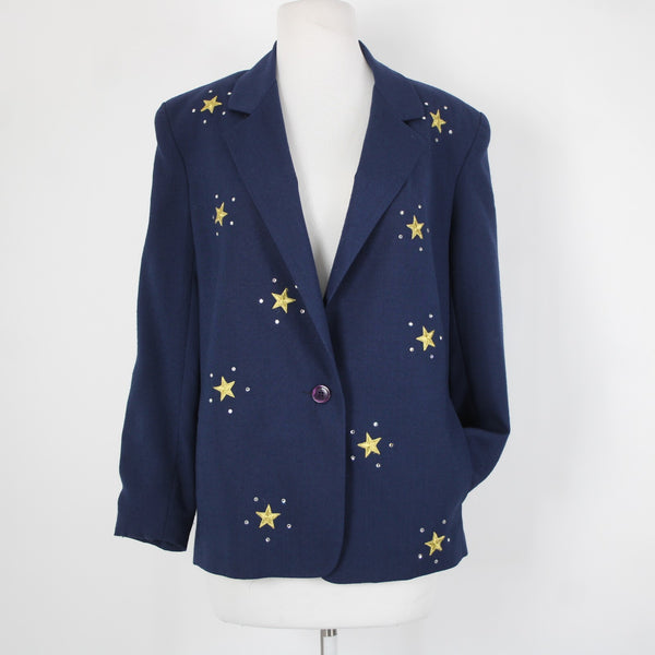 Dumas Sz M? Navy Blue Gold Rhinestones Stars Lined Vintage Jacket