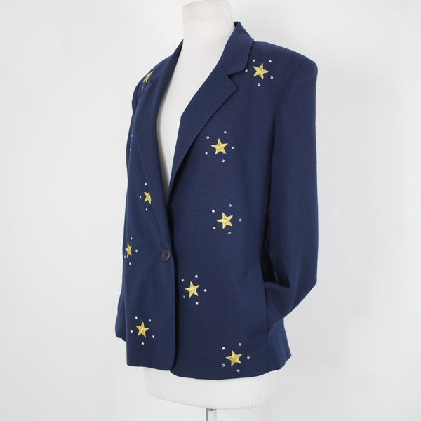 Dumas Sz M? Navy Blue Gold Rhinestones Stars Lined Vintage Jacket