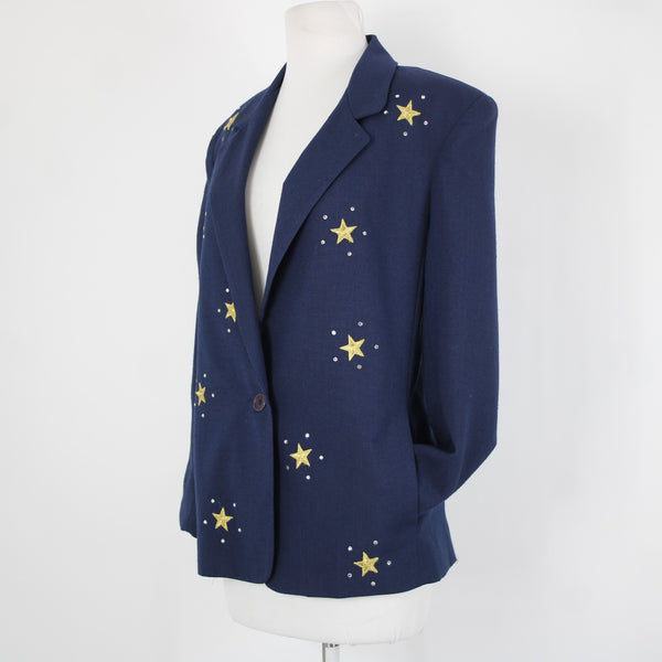 Dumas Sz M? Navy Blue Gold Rhinestones Stars Lined Vintage Jacket