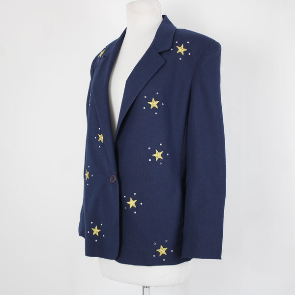 Dumas Sz M? Navy Blue Gold Rhinestones Stars Lined Vintage Jacket