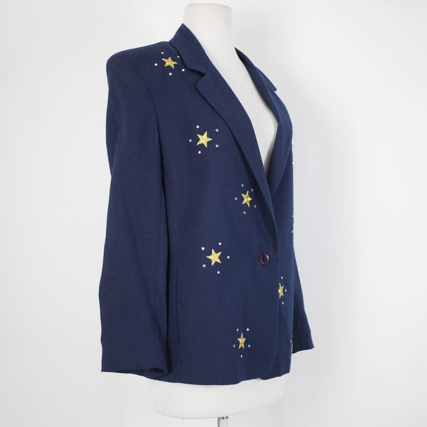 Dumas Sz M? Navy Blue Gold Rhinestones Stars Lined Vintage Jacket