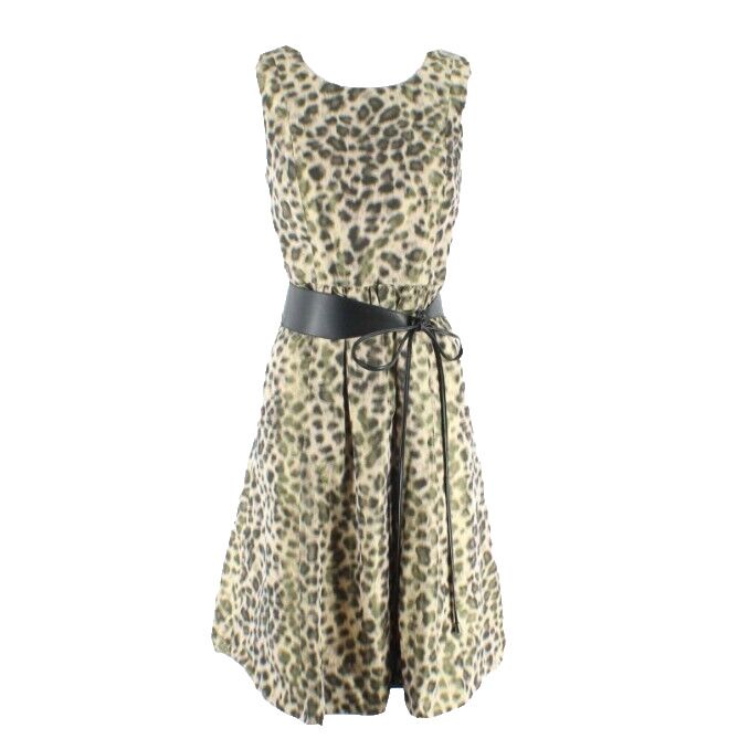Lafayette 148 Sz 0 Tan Olive Animal Print Black Belted Tie Waist Polyester Dress