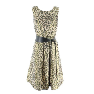 Lafayette 148 Sz 0 Tan Olive Animal Print Black Belted Tie Waist Polyester Dress