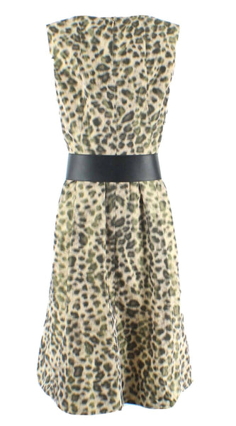 Lafayette 148 Sz 0 Tan Olive Animal Print Black Belted Tie Waist Polyester Dress