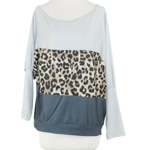 OrderPlus NEW Sz M Gray Multi Animal Color Block Stretchy Knit Top