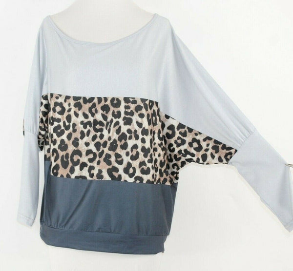 OrderPlus NEW Sz M Gray Multi Animal Color Block Stretchy Knit Top