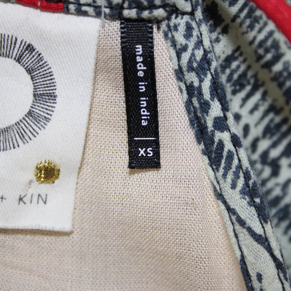 Akemi Kin Dress Sz XS Navy Cream Tan Red Lined Asymmetrical 100% Cotton Dress