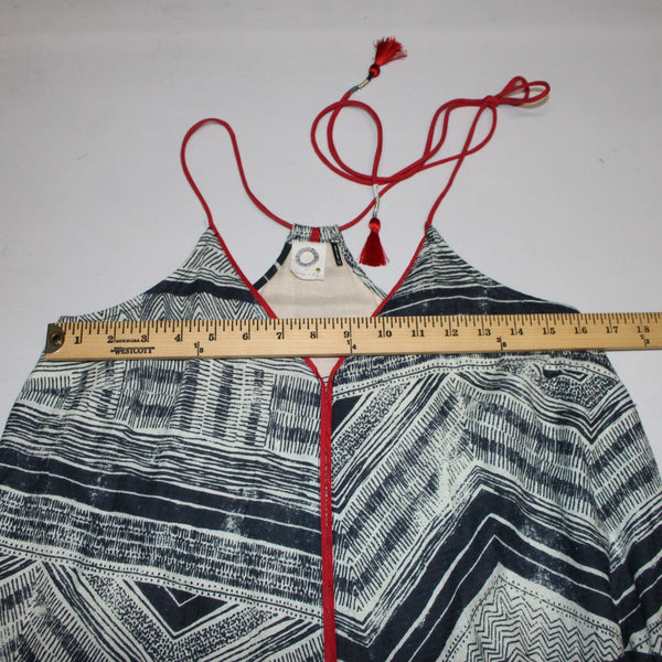 Akemi Kin Dress Sz XS Navy Cream Tan Red Lined Asymmetrical 100% Cotton Dress