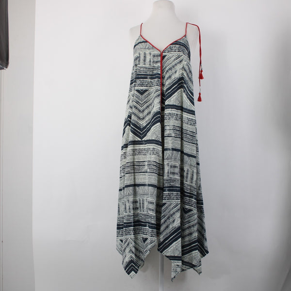 Akemi Kin Dress Sz XS Navy Cream Tan Red Lined Asymmetrical 100% Cotton Dress