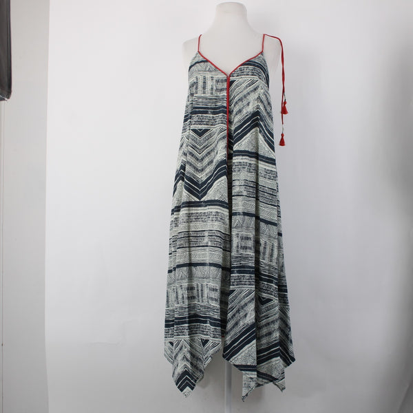 Akemi Kin Dress Sz XS Navy Cream Tan Red Lined Asymmetrical 100% Cotton Dress