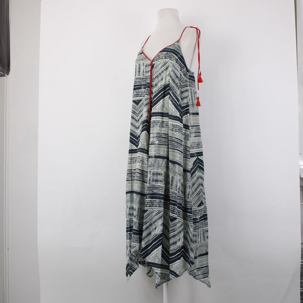 Akemi Kin Dress Sz XS Navy Cream Tan Red Lined Asymmetrical 100% Cotton Dress